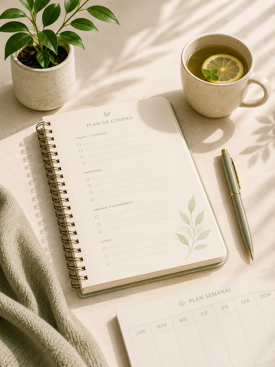 Libreta de plan de compra junto a una infusión