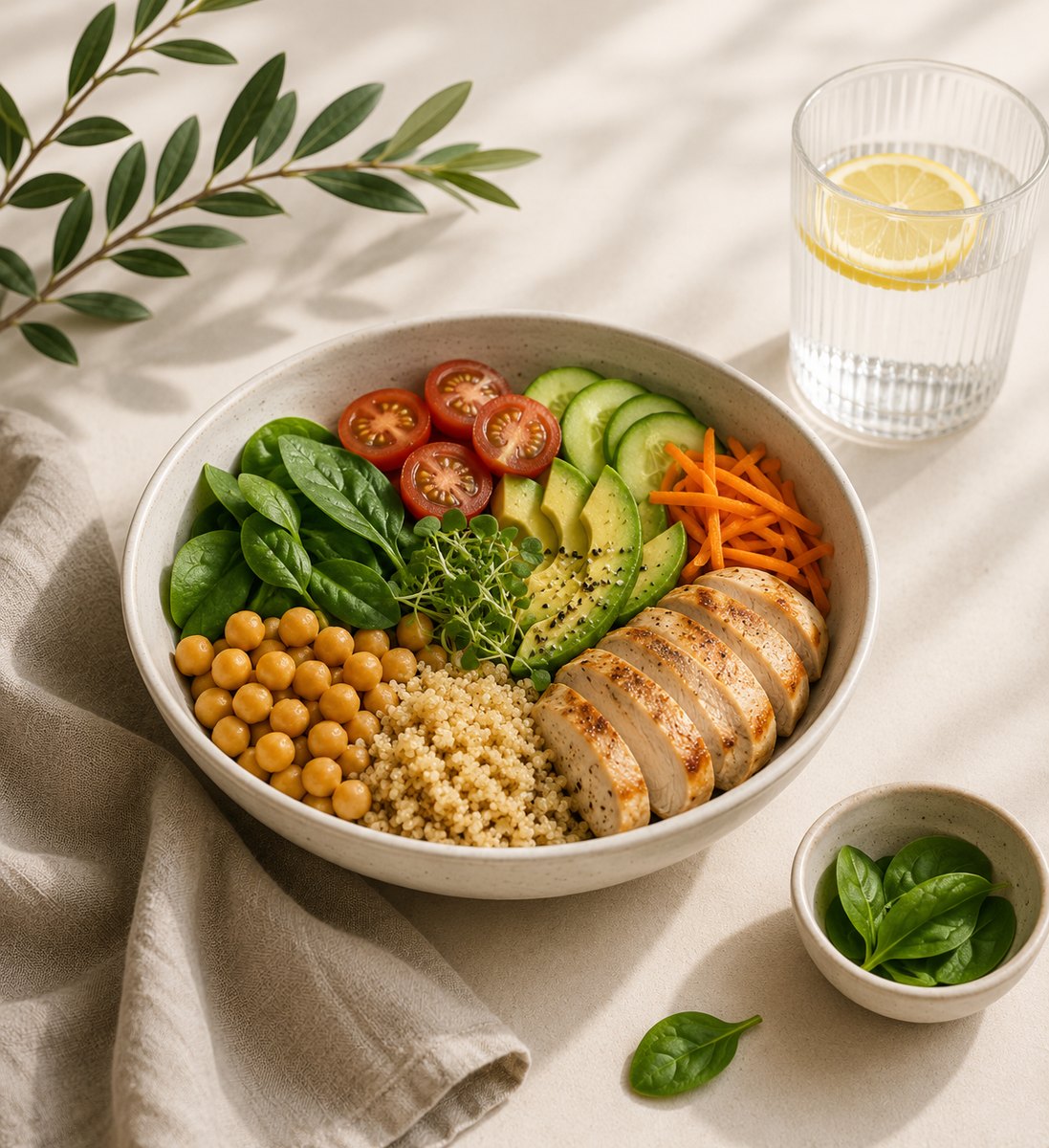 Bol con pollo, garbanzos, espinaca y verduras frescas