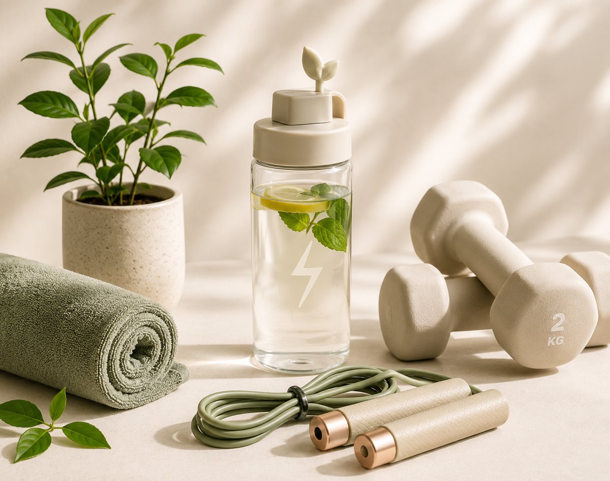 Botella de agua junto a material de entrenamiento